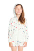 Girl wearing the Chaser Kids Americana Stars Hoodie in white with red heart and blue star pattern and hood up on a white background
