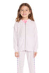 Girl wearing the Chaser Kids Love Hearts Hoodie in soft lavender with front zipper and kangaroo pockets