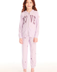 Full body view of girl wearing Chaser’s light pink Love Zip Up Hoodie with ‘LOVE’ print and matching pants on a white background