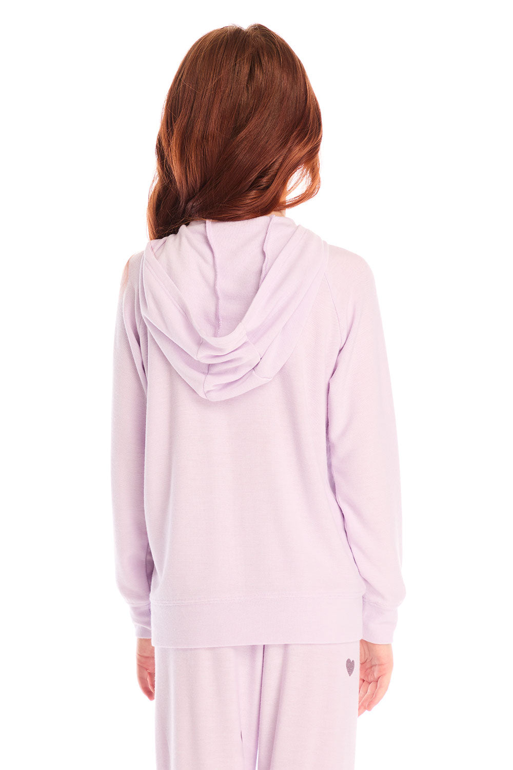 Back view of girl wearing Chaser’s light pink Love Zip Up Hoodie on a white background