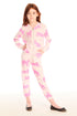 Full body view of girl wearing Chaser’s Celestial Tigers Sweatpant with pink animal pattern and matching zip up hoodie on a white background