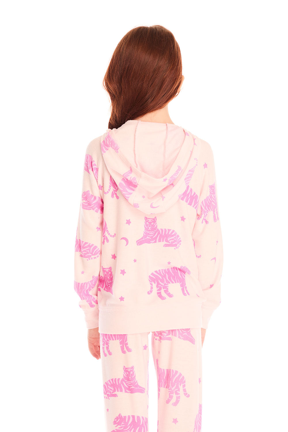 Back view of girl wearing Chaser’s Celestial Tigers Zip Up Hoodie with pink animal pattern on a white background