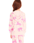 Back view of girl wearing Chaser’s Celestial Tigers Zip Up Hoodie with pink animal pattern on a white background