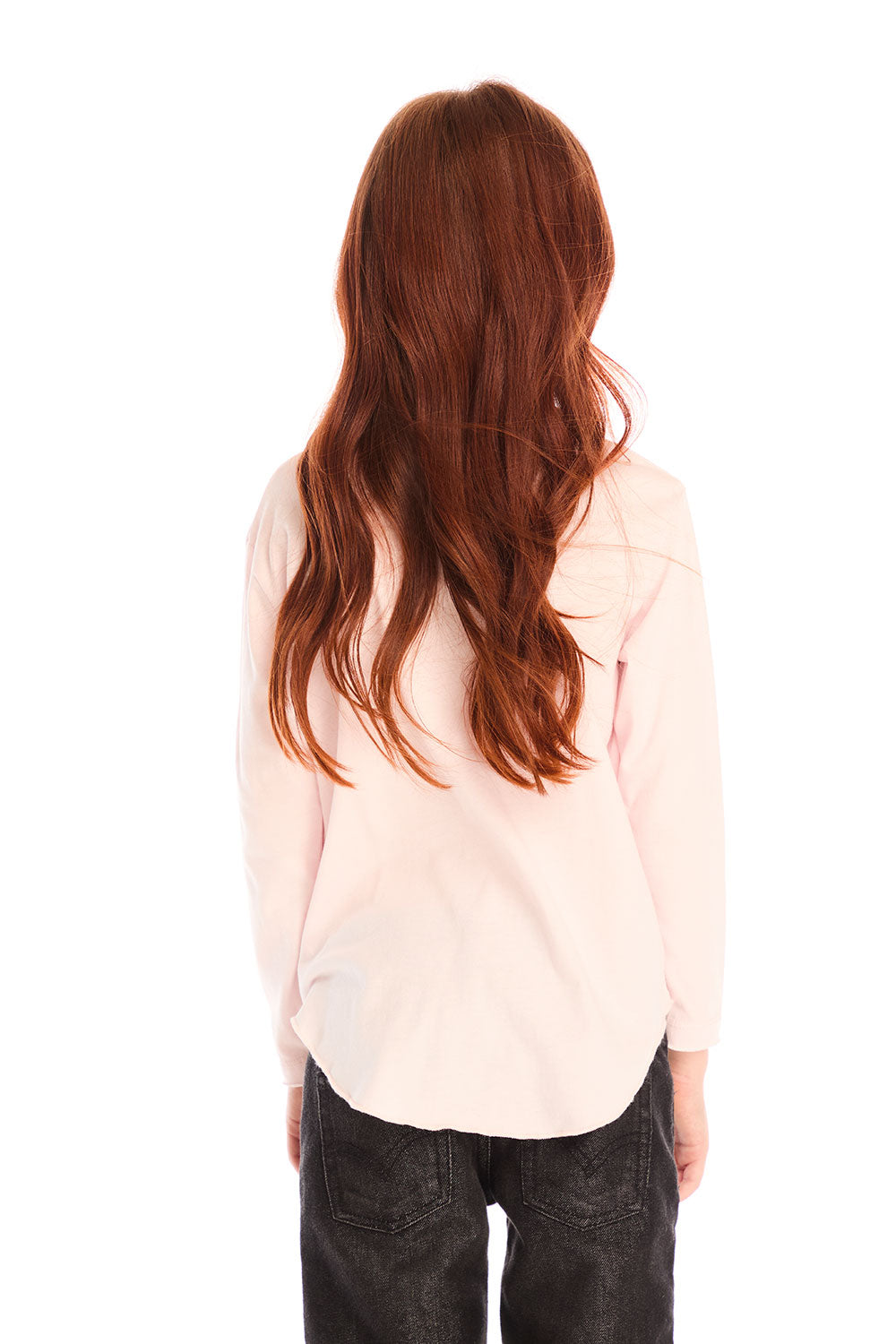 Back view of girl wearing Chaser’s light pink The Beatles Strawberry Fields Forever Long Sleeve on a white background