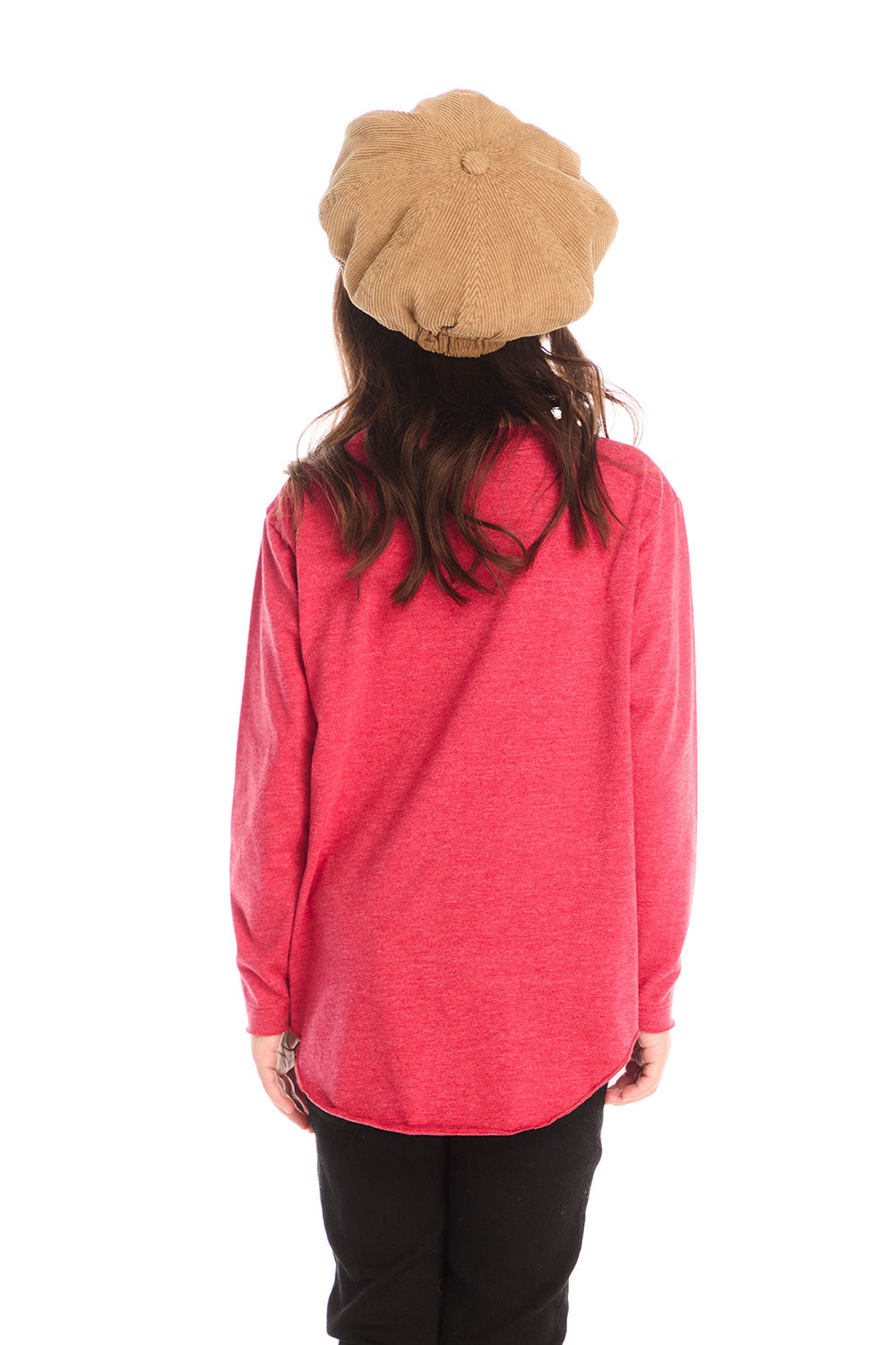 Back view of girl wearing Chaser’s red Hot Chocolate Weather Long Sleeve with black pants on a white background