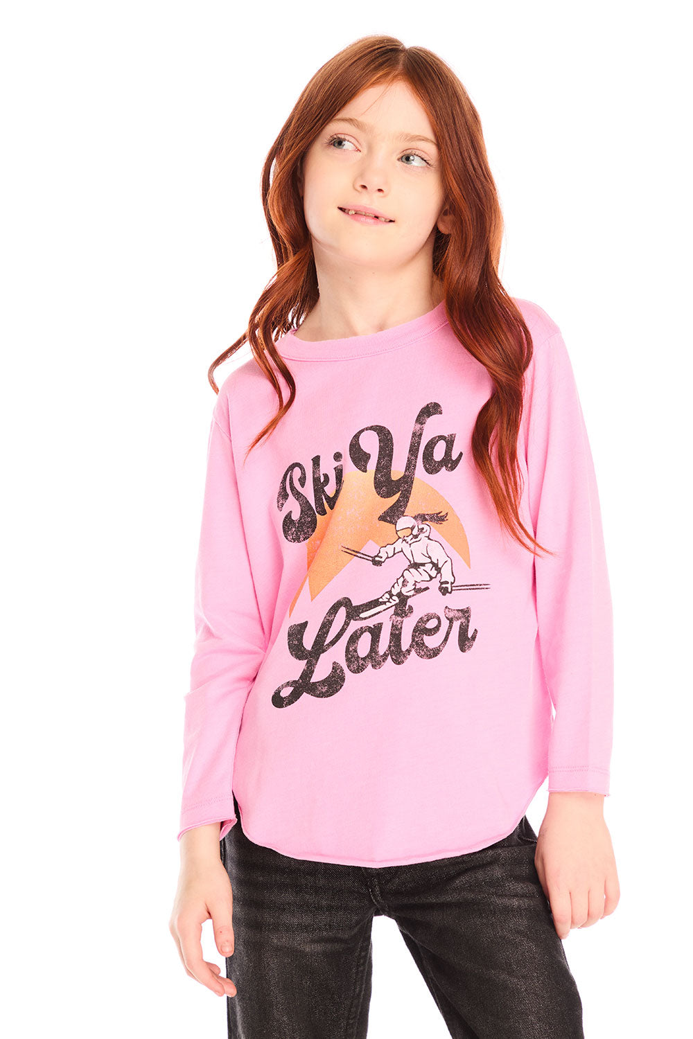 Girl wearing Chaser’s pink Ski Ya Later Long Sleeve with text and graphics on a white background