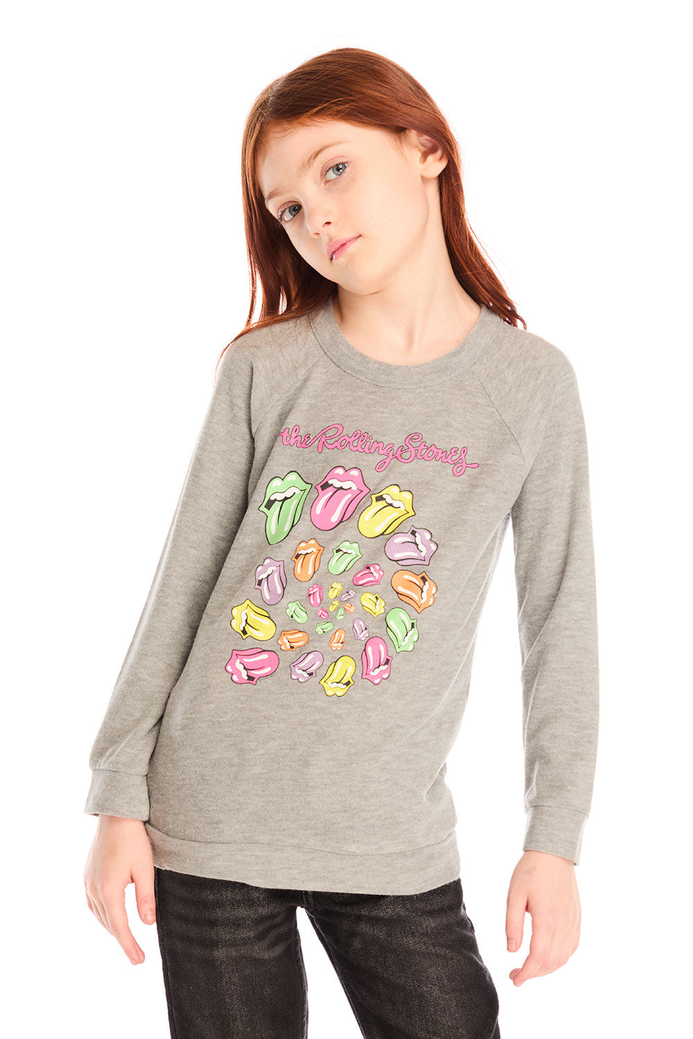 Girl wearing Chaser’s gray The Rolling Stones Spiral Tongues Long Sleeve with colorful logo designs and text on a white background