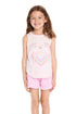 Girl wearing the Chaser Kids Flamingo Love Tank featuring pink flamingos forming a heart over a pastel rainbow heart graphic on a white background