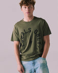 Front view of Locals Only tee in Backwoods Green with retro graphic.