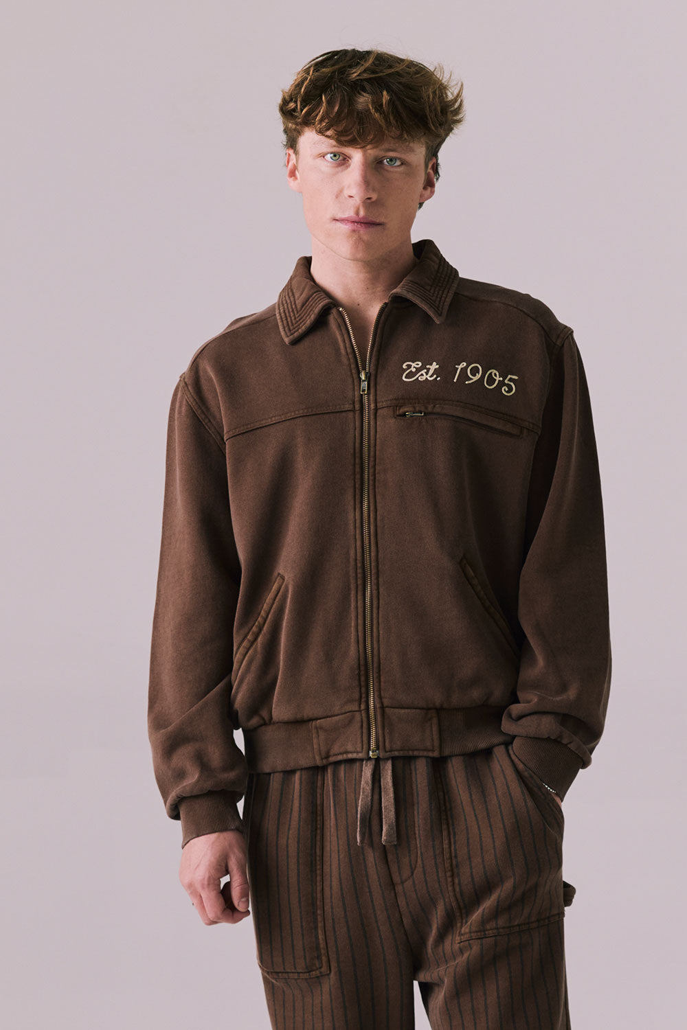 Front view of Est. 1905 Jacket in Kulaha Brown with varsity-style detailing.
