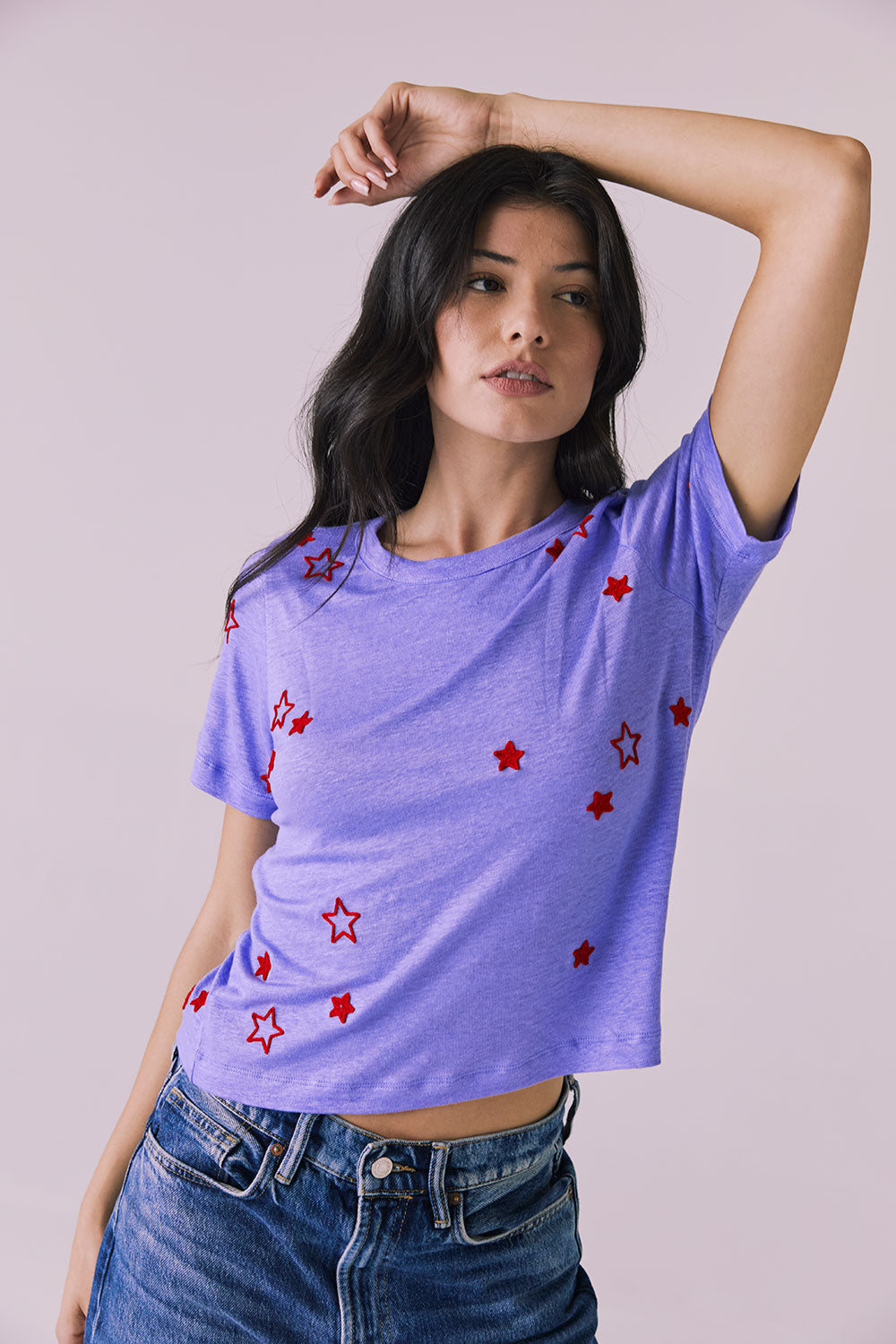 Tossed Stars Embroidery Cropped Short Sleeve Easy Tee Womens chaserbrand