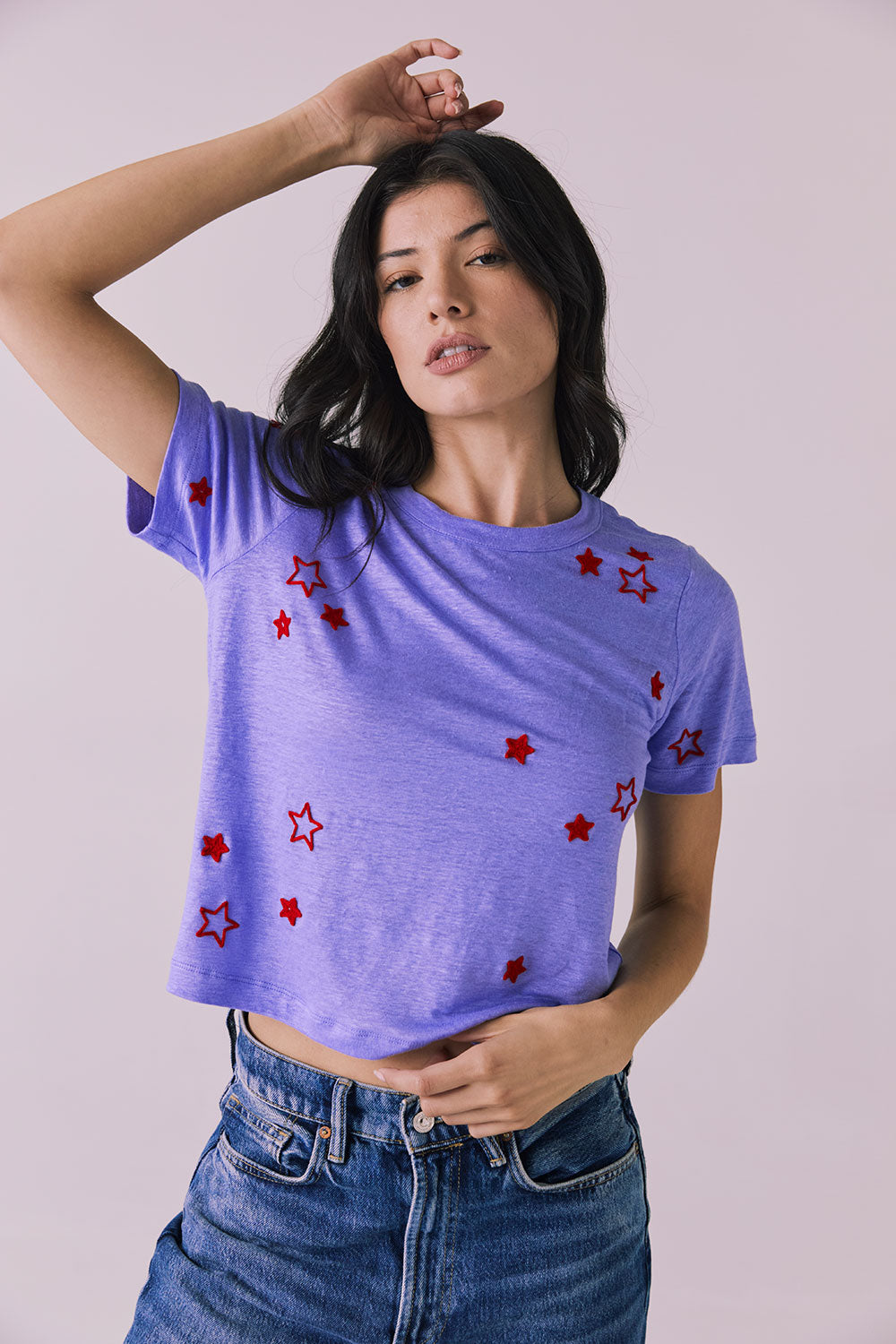 Tossed Stars Embroidery Cropped Short Sleeve Easy Tee Womens chaserbrand