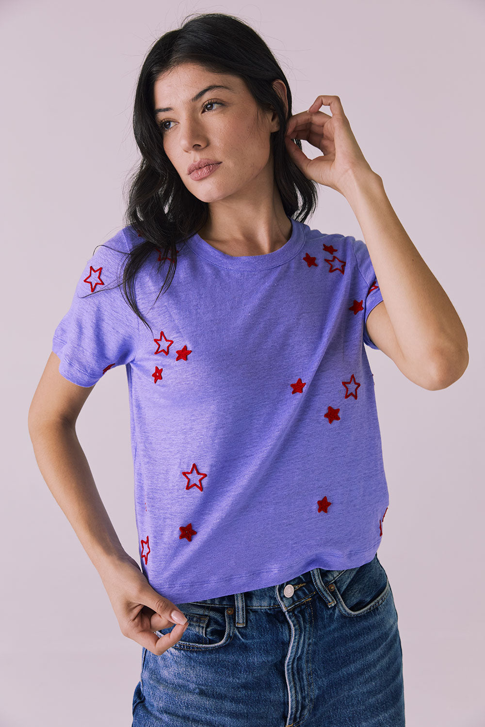 Tossed Stars Embroidery Cropped Short Sleeve Easy Tee Womens chaserbrand