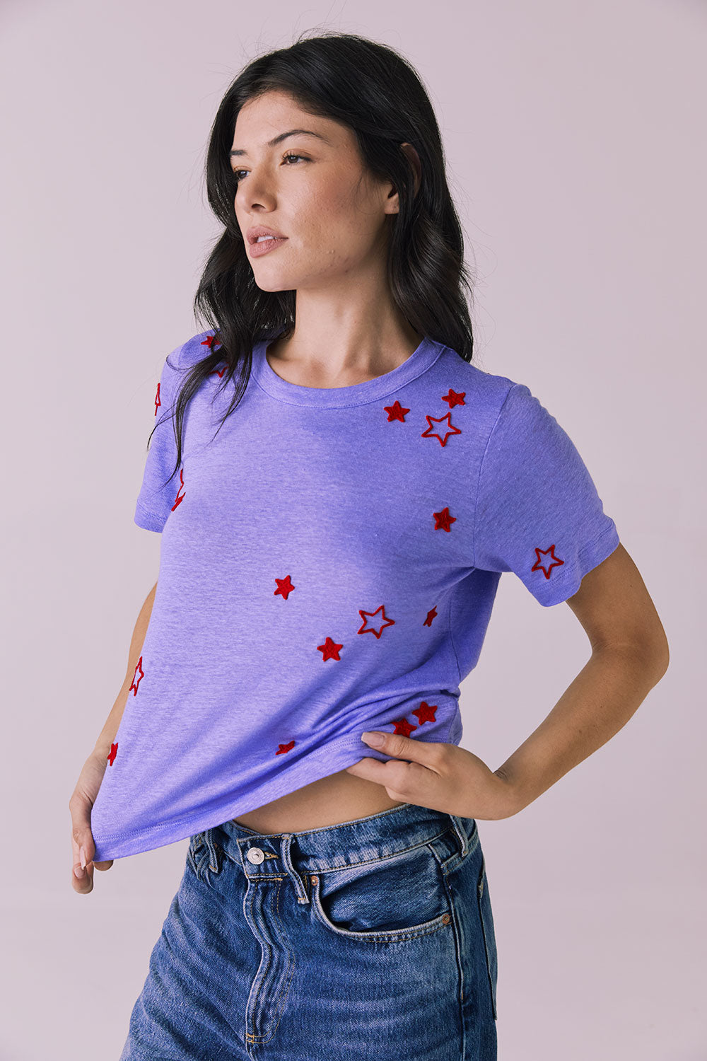 Tossed Stars Embroidery Cropped Short Sleeve Easy Tee Womens chaserbrand