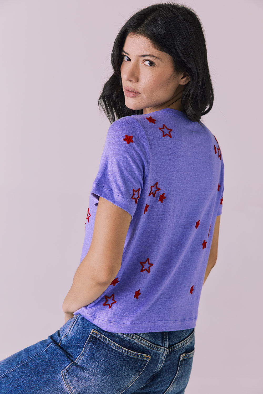 Tossed Stars Embroidery Cropped Short Sleeve Easy Tee Womens chaserbrand