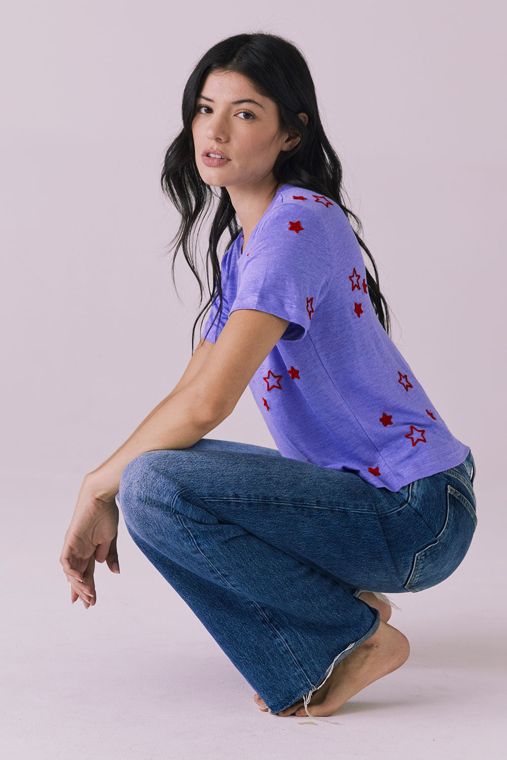 Tossed Stars Embroidery Cropped Short Sleeve Easy Tee Womens chaserbrand