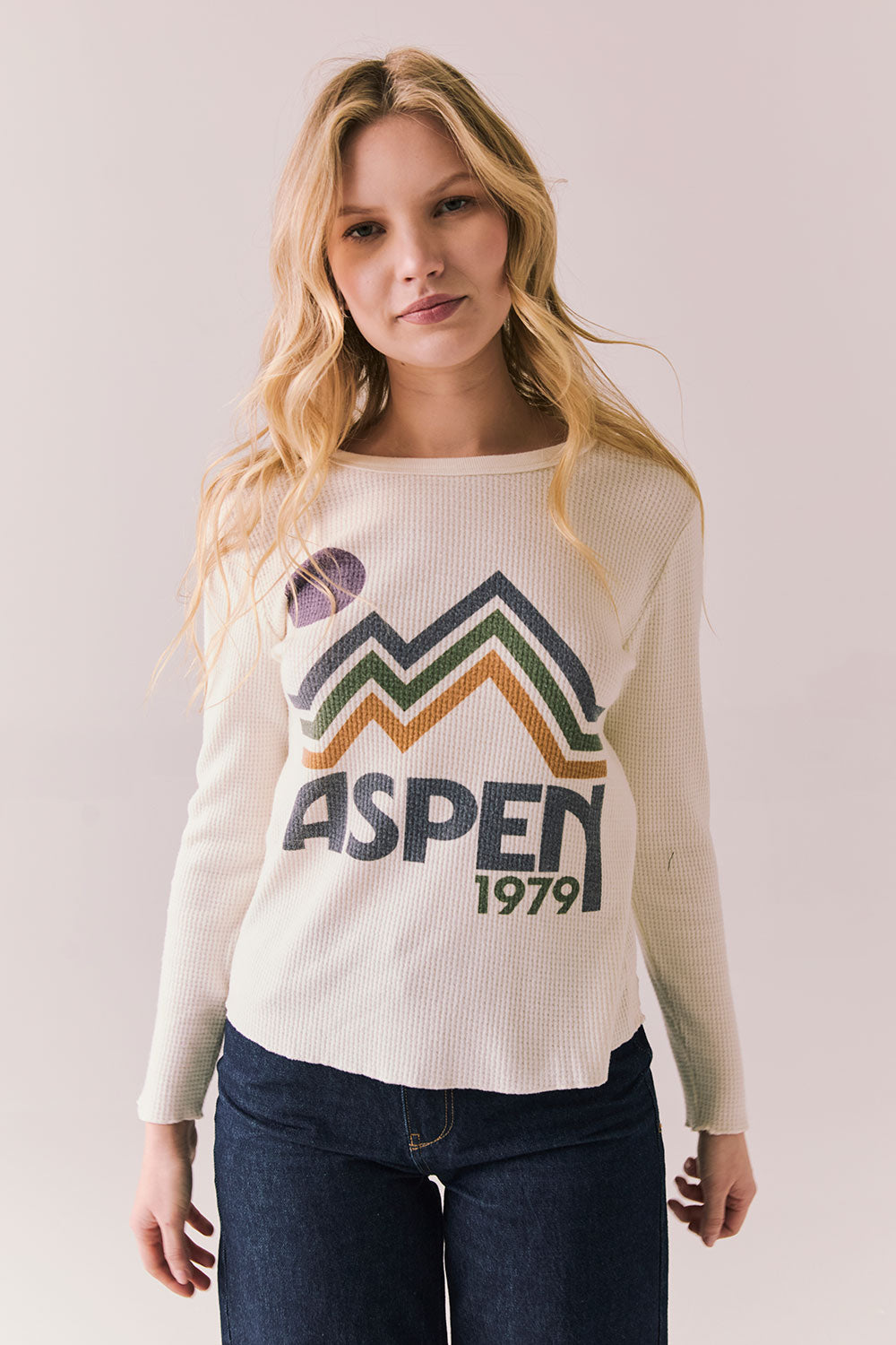 Front view of model wearing Aspen 1979 Long Sleeve in white