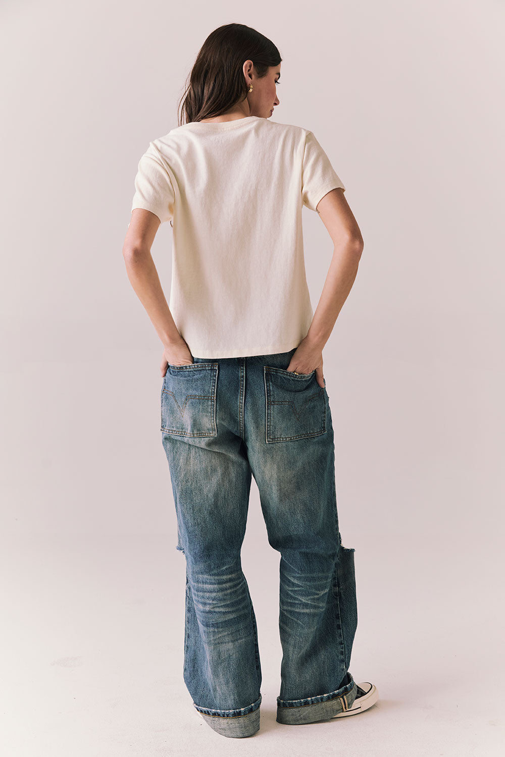 Back full front view of Lake Tahoe Ombre Tee in starry white with soft gradient fade, relaxed silhouette and blue jeans on a plain background