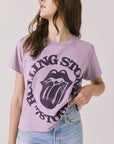 Front view of woman wearing Chaser’s The Rolling Stones ’78 Tour Amethyst Purple Tee on a plain background