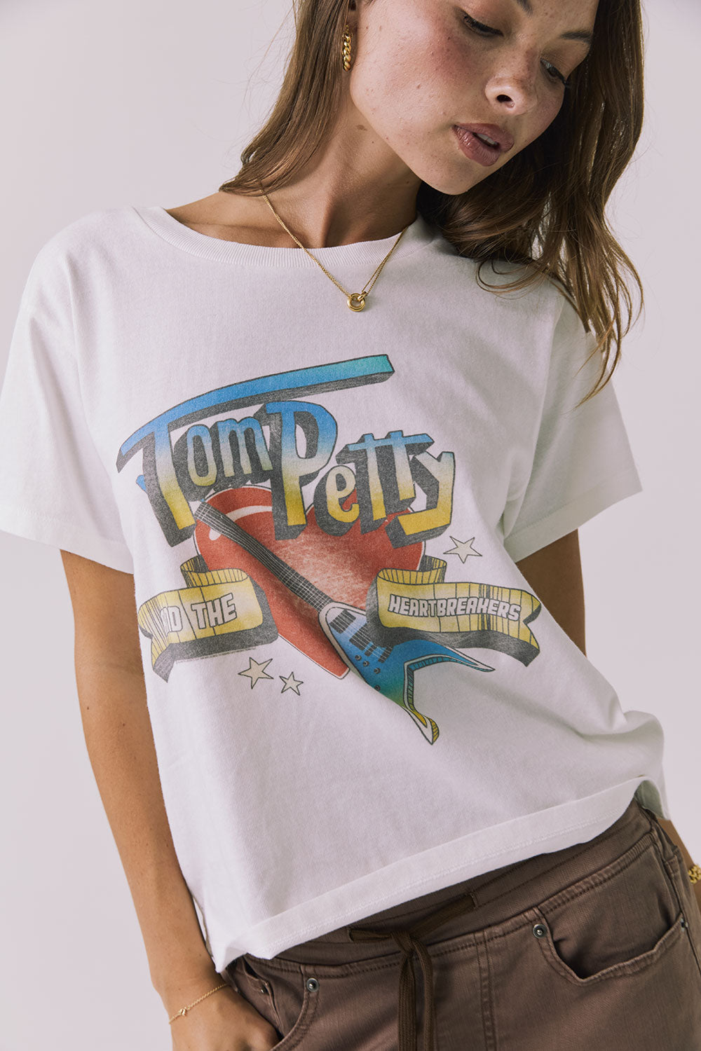 Close up of the Chaser Tom Petty 1980 Tour Tee front artwork showing the classic Tom Petty and the Heartbreakers guitar graphic on white cotton