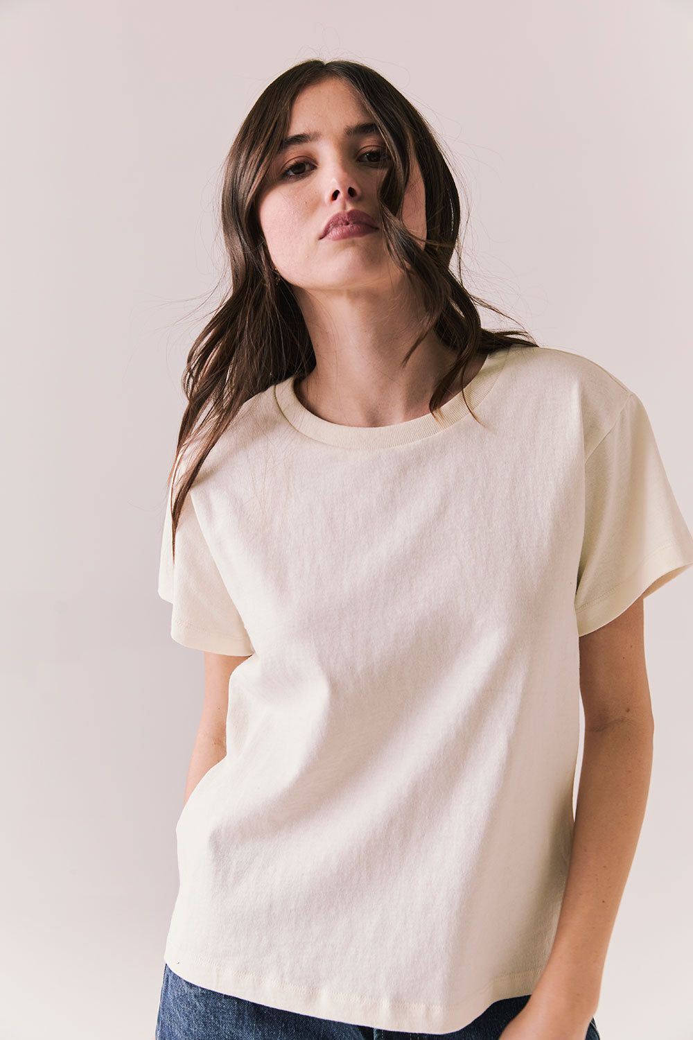 Front view of Rambler Starry White Tee with ringer neck and cap sleeves on a plain background
