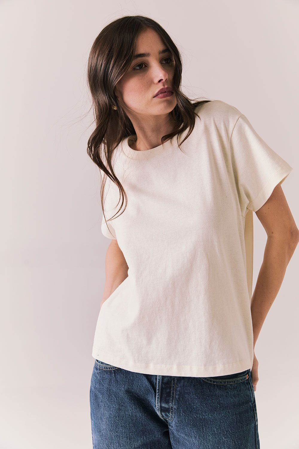 Front view of Rambler Starry White Tee with ringer neck and cap sleeves on a plain background