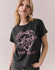 Front view of Blondie Heart of Glass black t-shirt with pink text and design on a plain background