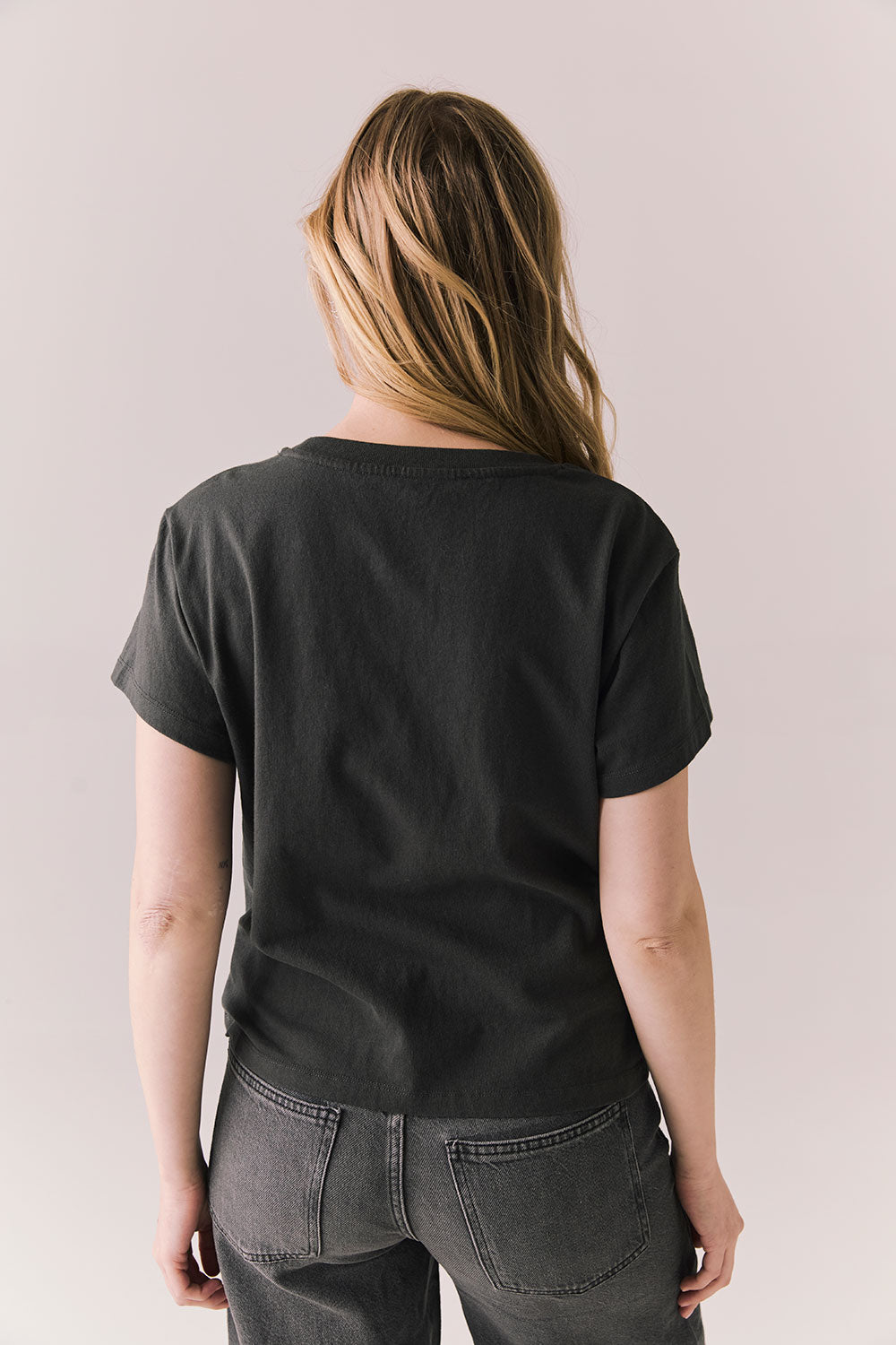 Back view of Blondie Heart of Glass tee in black