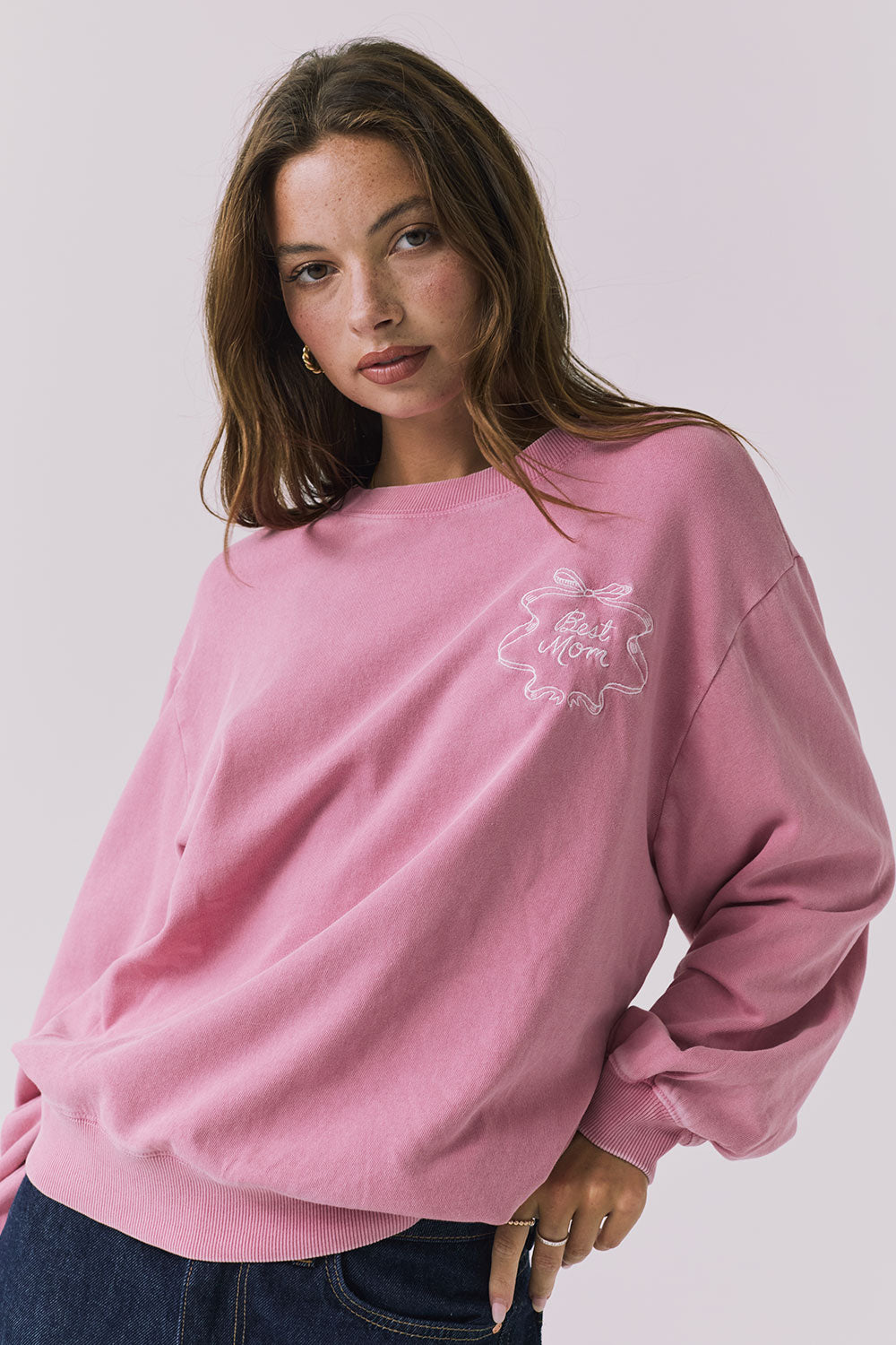 Front view of Chaser's Best Mom Long Sleeve in pink with relaxed fit and soft vintage wash