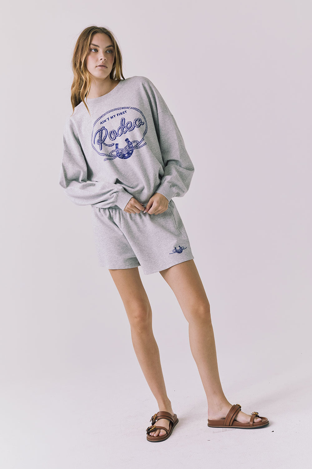 Chaser Ain’t My First Shorts in Heather Grey shown with matching Ain’t My First Long Sleeve top in a full body look