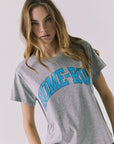 Angled front view of the Chaser Home Run Tee in Heather Grey emphasizing the relaxed shape and bold graphic placement