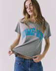 Three quarter front view of the Chaser Home Run Tee in Heather Grey showing the easy fit and vintage athletic graphic styling