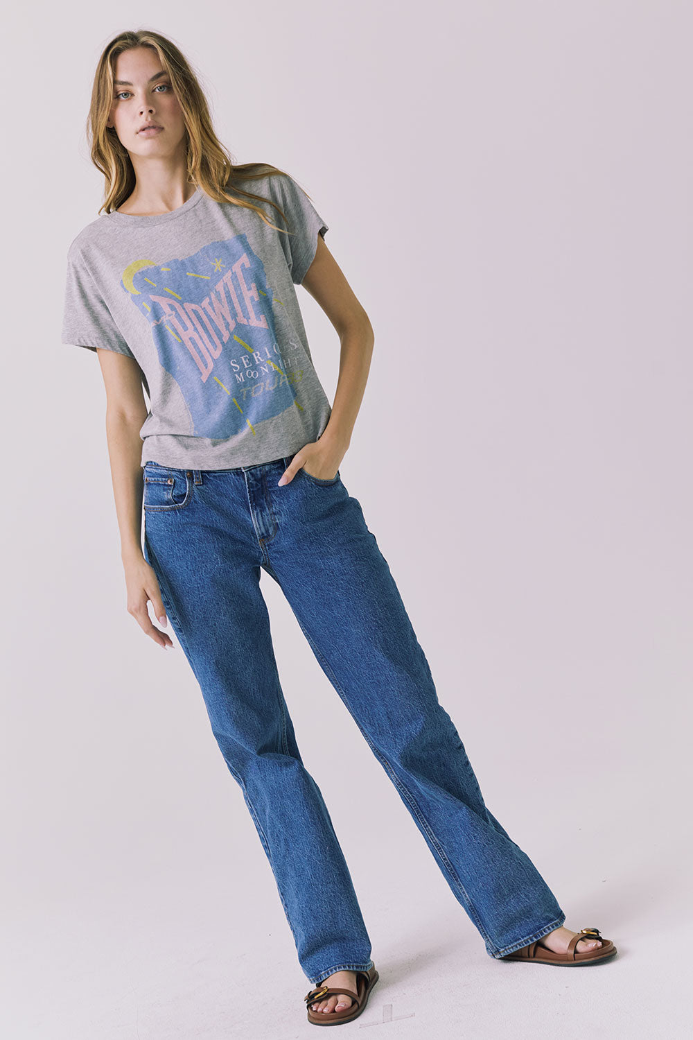 Full body view of the Chaser David Bowie Moonlight Tour ’83 Tee in Heather Grey styled casually with denim for an everyday look