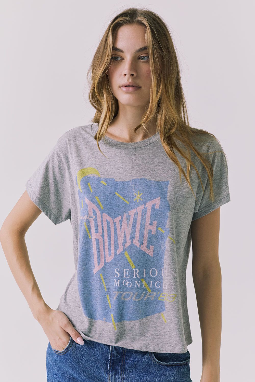 Chaser David Bowie Moonlight Tour ’83 Tee in Heather Grey featuring a vintage-inspired Bowie graphic styled with classic denim