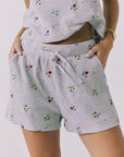 Chaser Kesh Short in Heather Grey with ditsy embroidery shown from the front featuring a waffle knit texture elastic waistband and adjustable drawstring