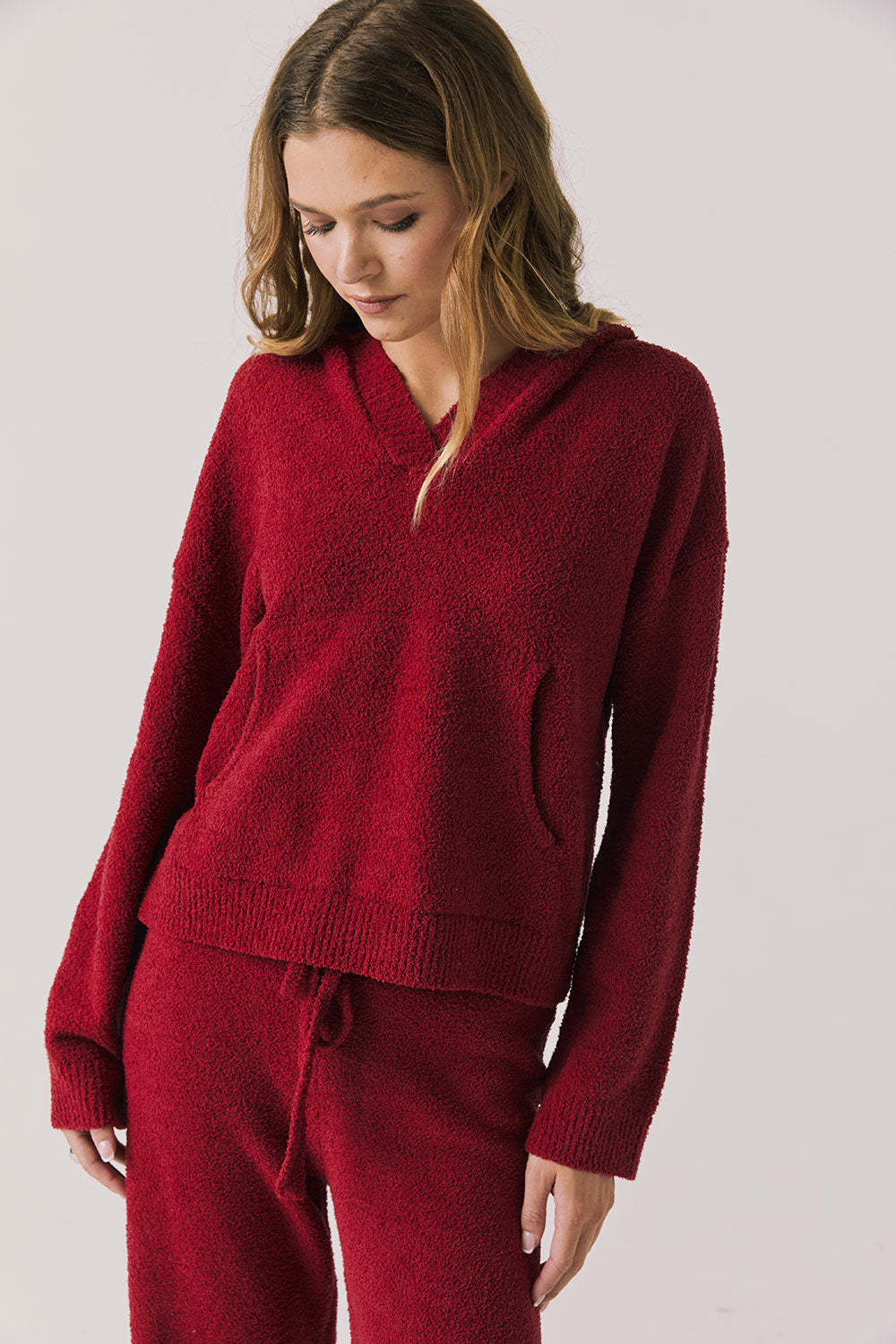 Front view of woman wearing Chaser’s Hazen Purple-Red Fig Pullover Hoodie on a white background