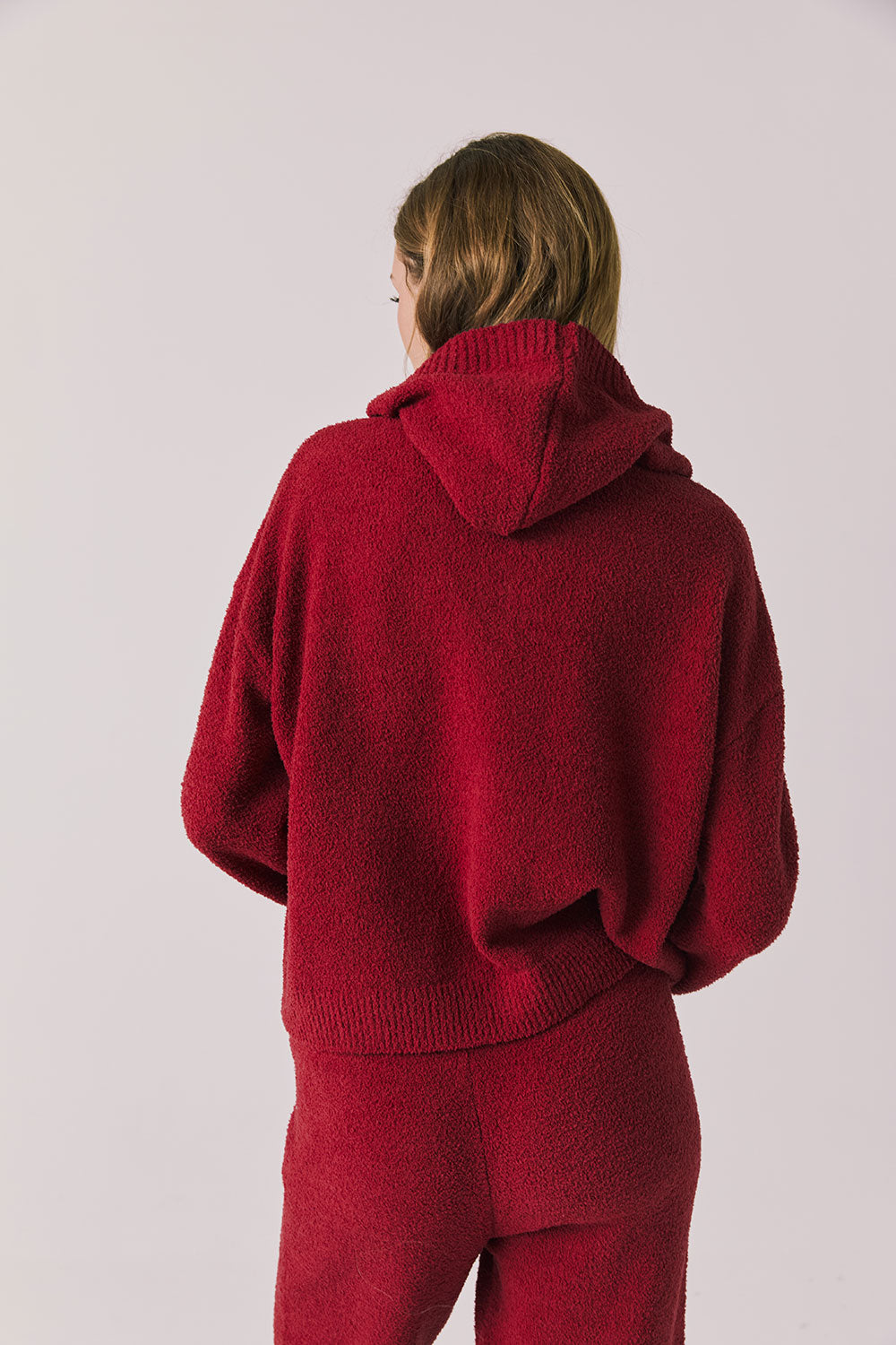 Back view of woman wearing Chaser’s Hazen Purple-Red Fig Pullover Hoodie on a white background