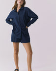 Chaser Durango Navy Shorts shown full body styled with the matching Paso Button Up creating an effortless navy set with relaxed summer polish