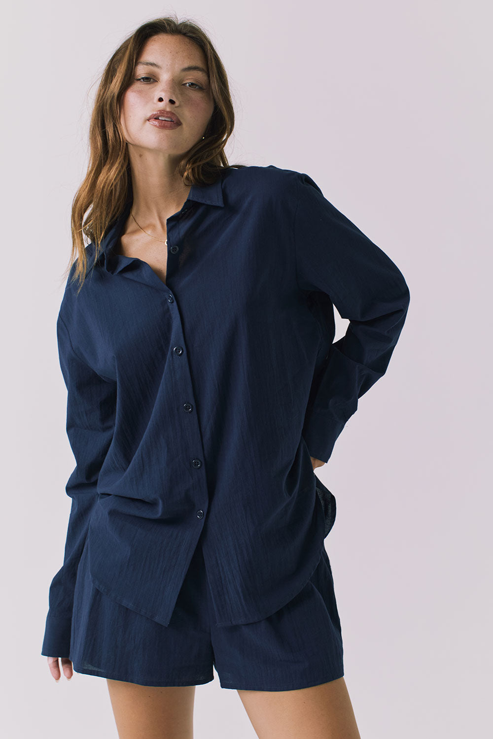 Chaser Paso Navy Button Up in Navy with easy oversized fit and long sleeves