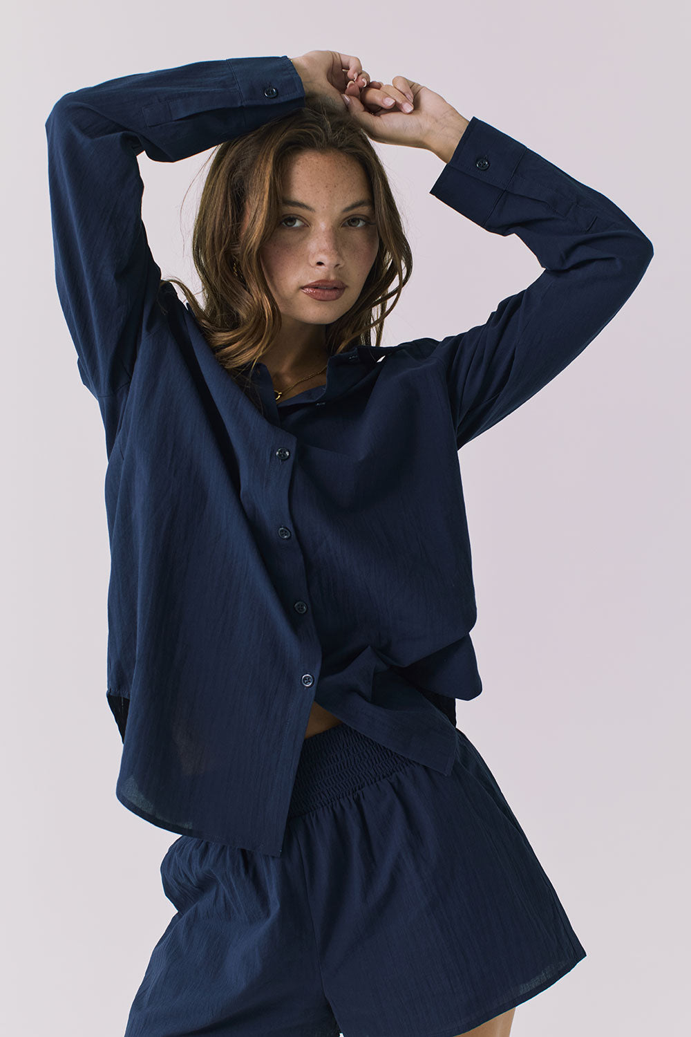 Chaser Paso Navy Button Up in Navy with relaxed collar and button front detail