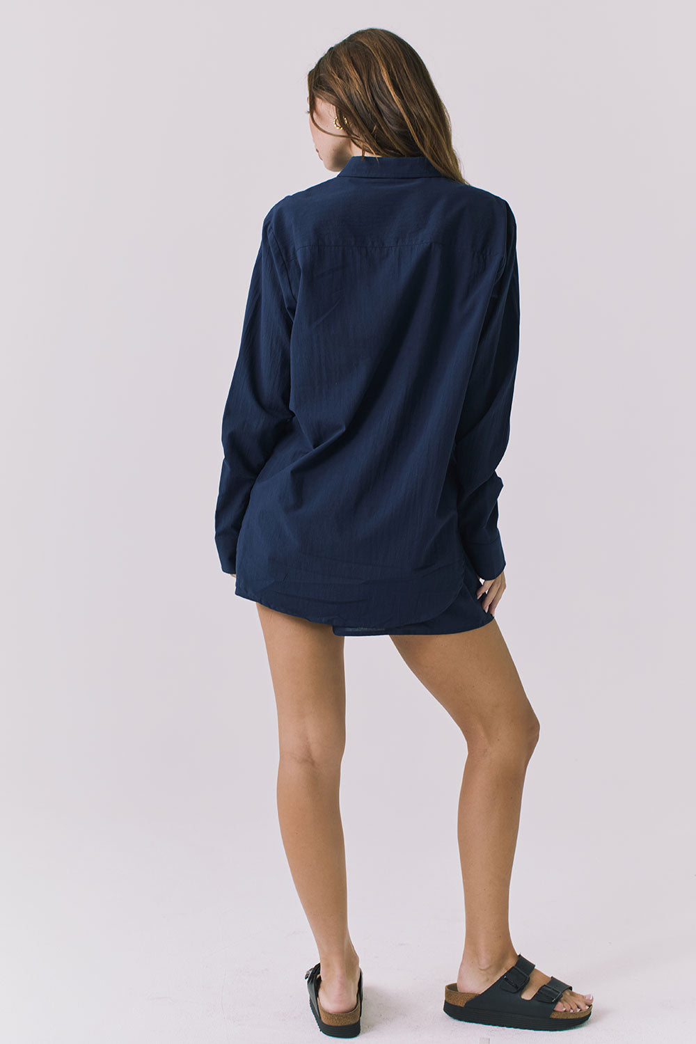 Chaser Paso Navy Button Up in Navy shown from full body back view styled with matching Durango Shorts