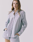 Chaser Paso Pinstripe Button Up in Navy front view styled loose with effortless oversized silhouette