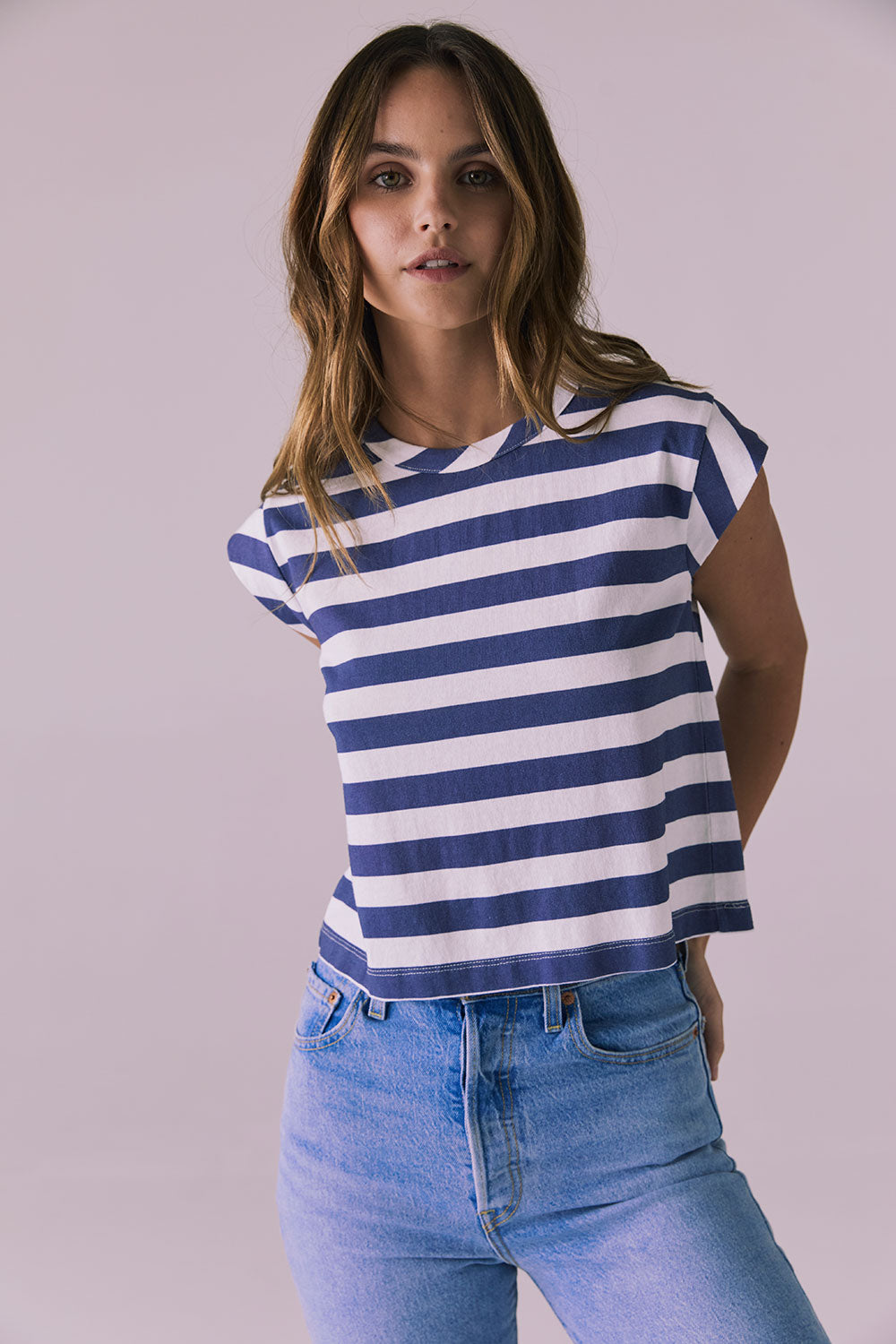 Cropped Castaway Stripe Cap Sleeve Crew Neck Tee Womens chaserbrand