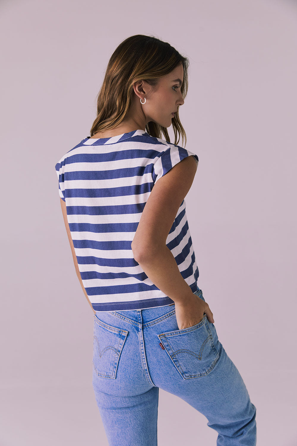 Cropped Castaway Stripe Cap Sleeve Crew Neck Tee Womens chaserbrand
