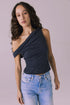 Front three-quarter view of the Chaser Roxanne Licorice Black Tank showing the off-shoulder draped neckline and fitted shape