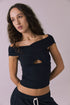 Front view of Chaser Brand Kimpton Licorice Black Tank featuring off-shoulder neckline and twisted keyhole design