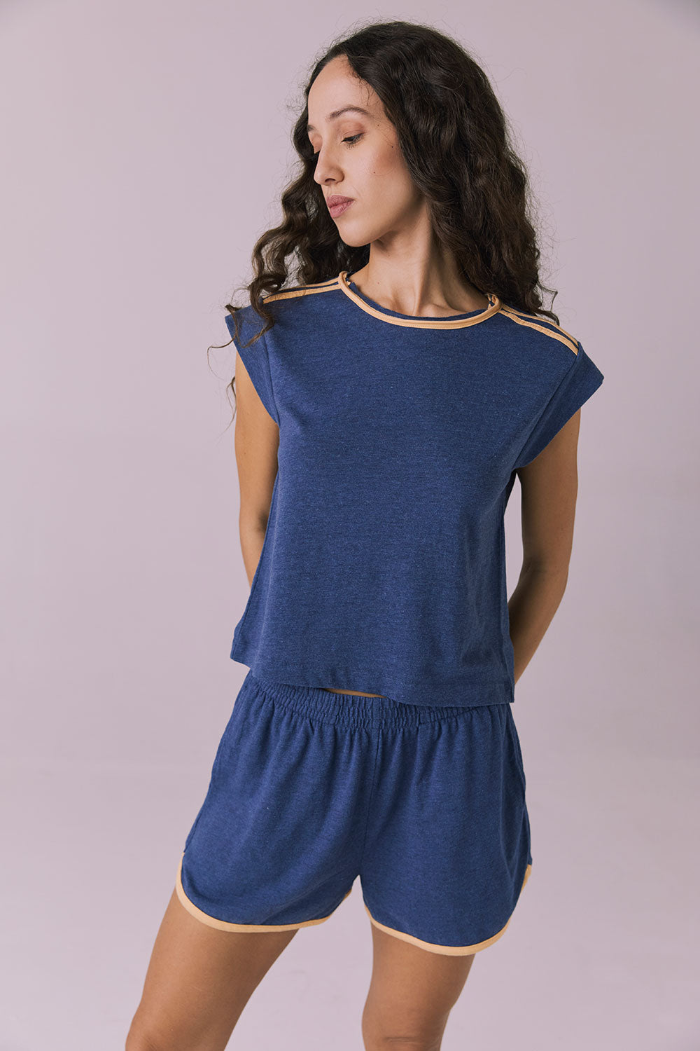 Flora Cropped Honest Indigo Cap Sleeve Crewneck Tee Womens chaserbrand