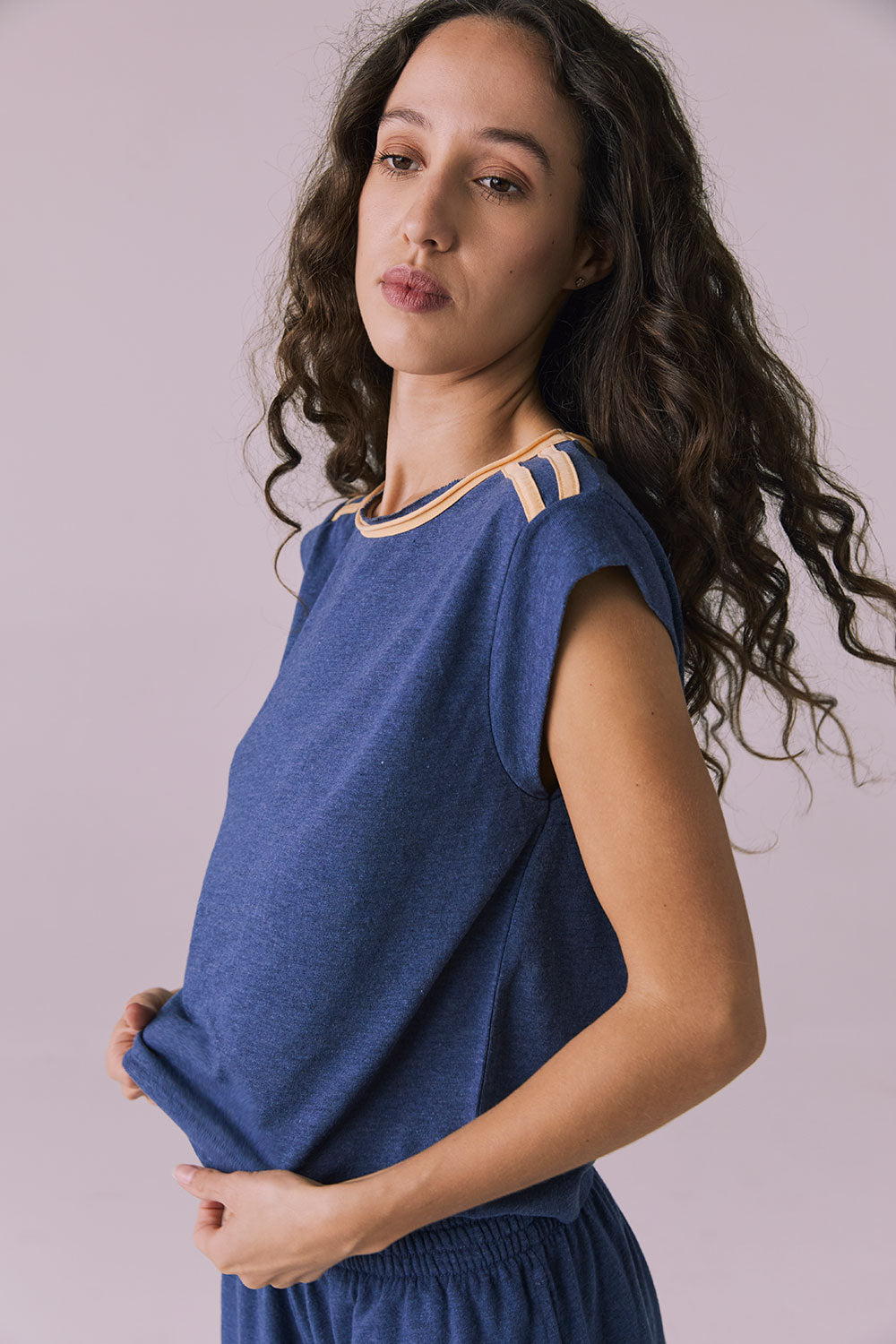 Flora Cropped Honest Indigo Cap Sleeve Crewneck Tee Womens chaserbrand