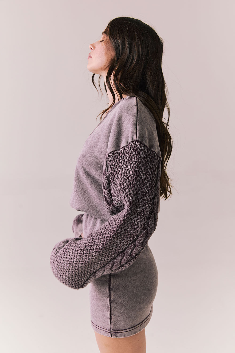Side view of Channel Mini Dress in fig purple