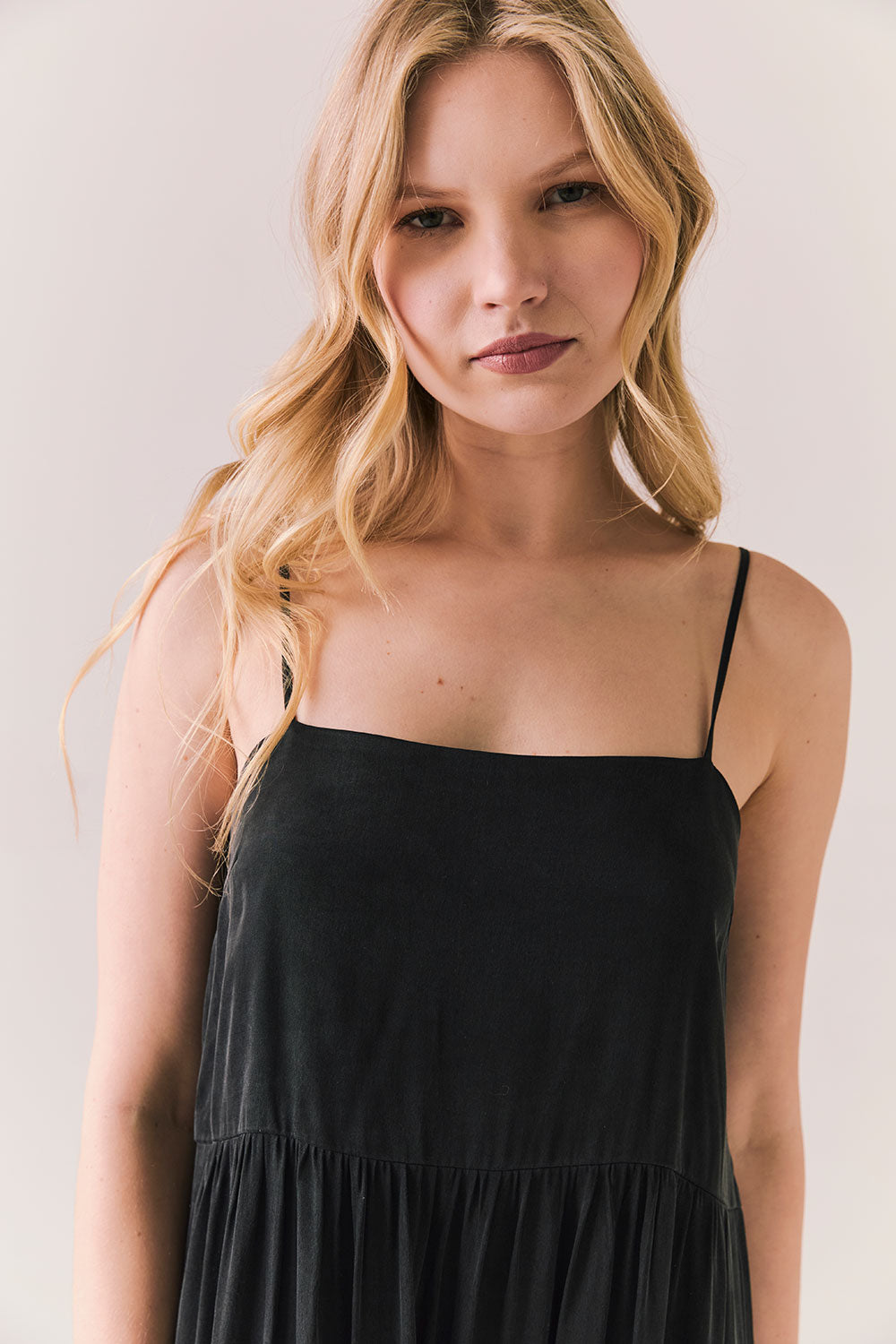 Front view of model wearing Berkeley Maxi Dress in true black